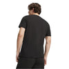 Person wearing a black t-shirt on a white background